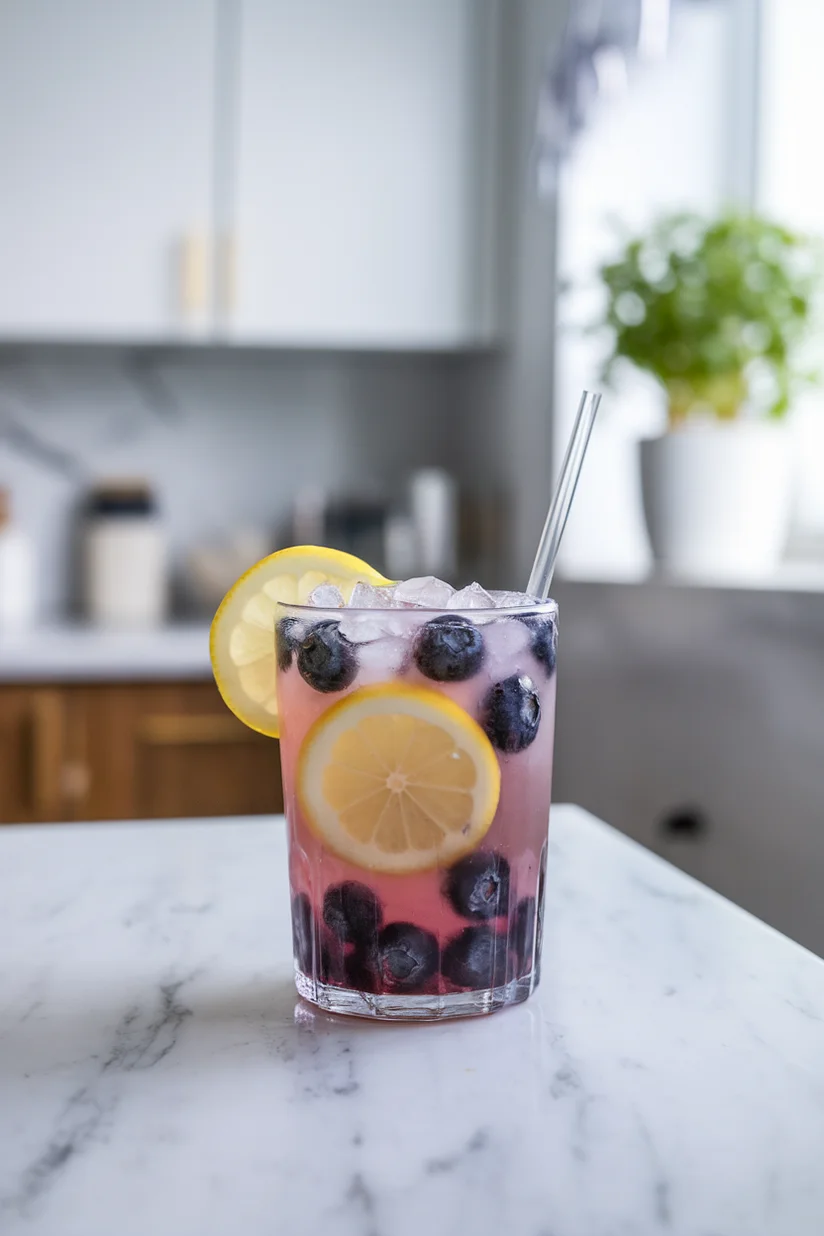 Blueberry lemonade with whole blueberries and lemon slices on a white marble surface.