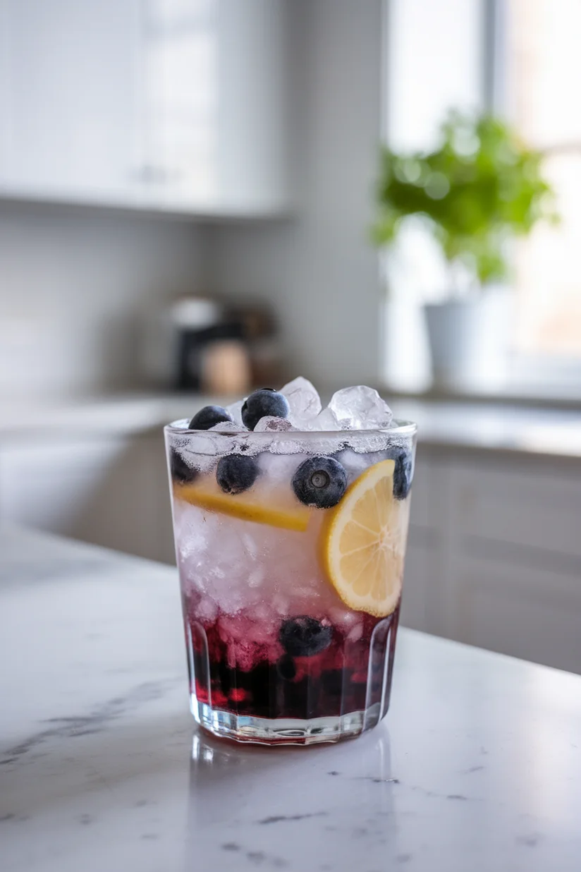 Blueberry lemonade with whole blueberries and lemon slices on a white marble surface.