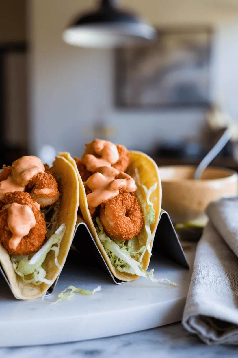 breaded shrimp tacos with golden shrimp and creamy sauce in taco shells