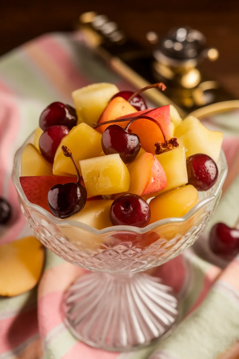 Canned fruit salad with mixed chopped fruit on white marble countertop.