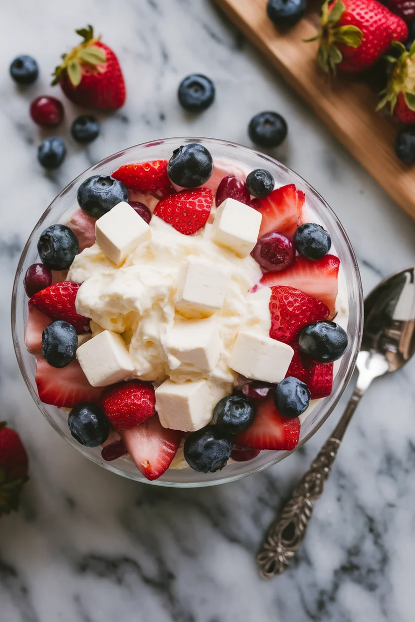 Cheesecake fruit salad with berries and cream cheese chunks on a marble surface.