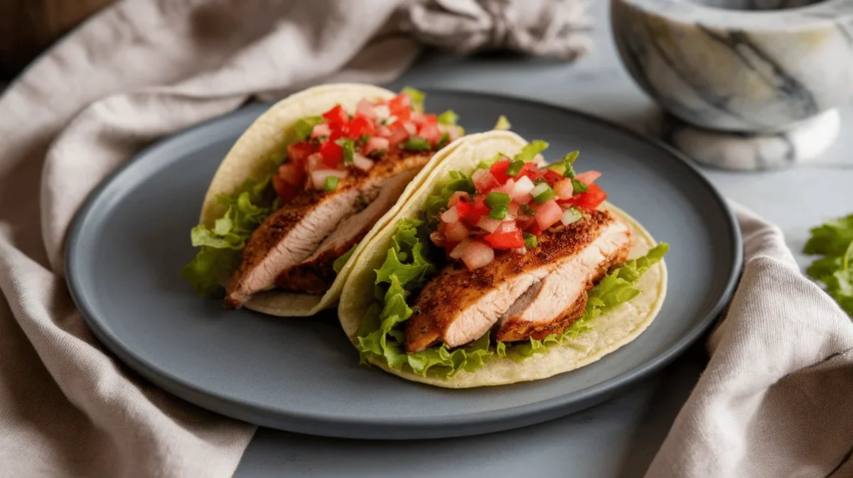 chicken breast tacos with grilled slices and avocado on flour tortillas