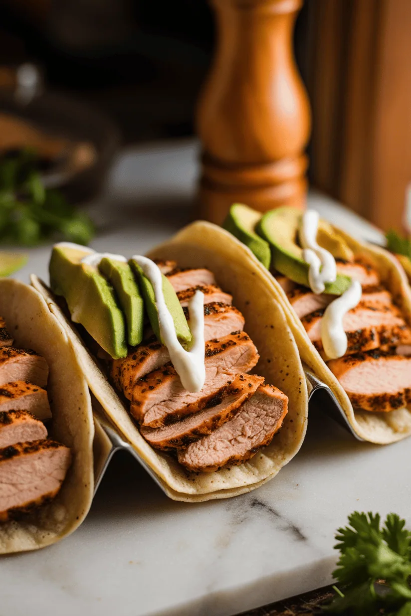chicken breast tacos with grilled slices and avocado on flour tortillas