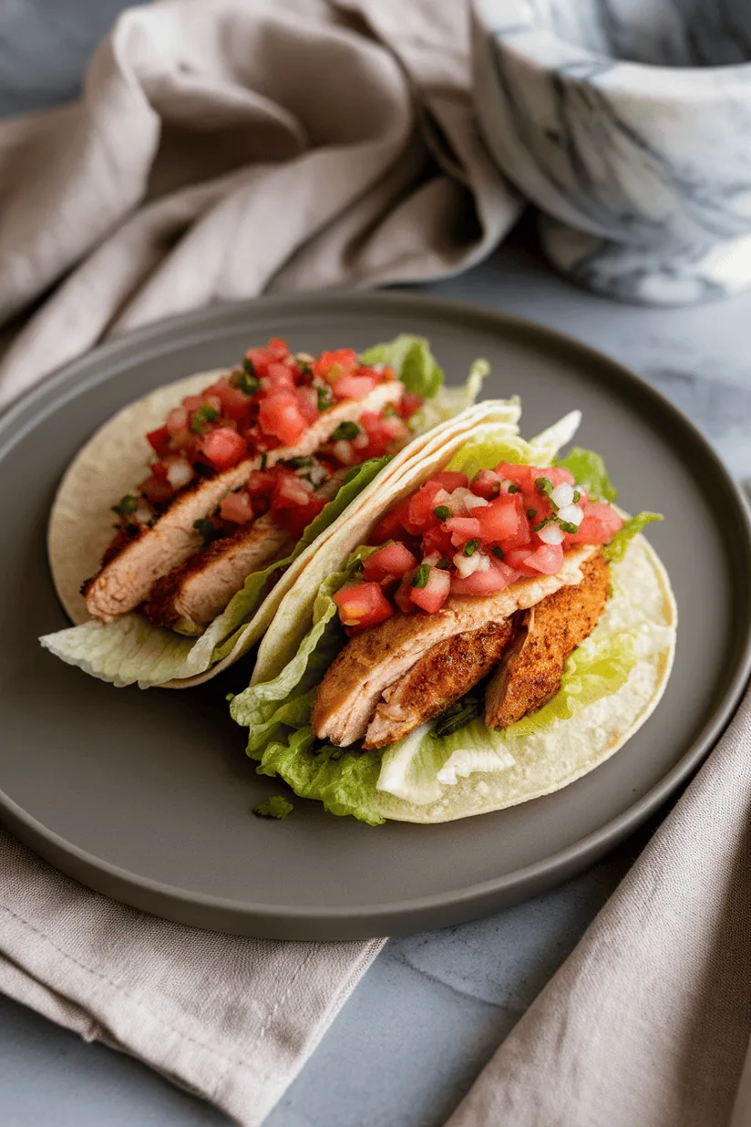 chicken breast tacos with grilled slices and avocado on flour tortillas