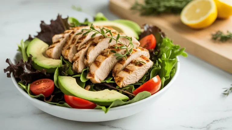 Chicken salad with grilled chicken, avocado, and tomatoes on a white marble countertop
