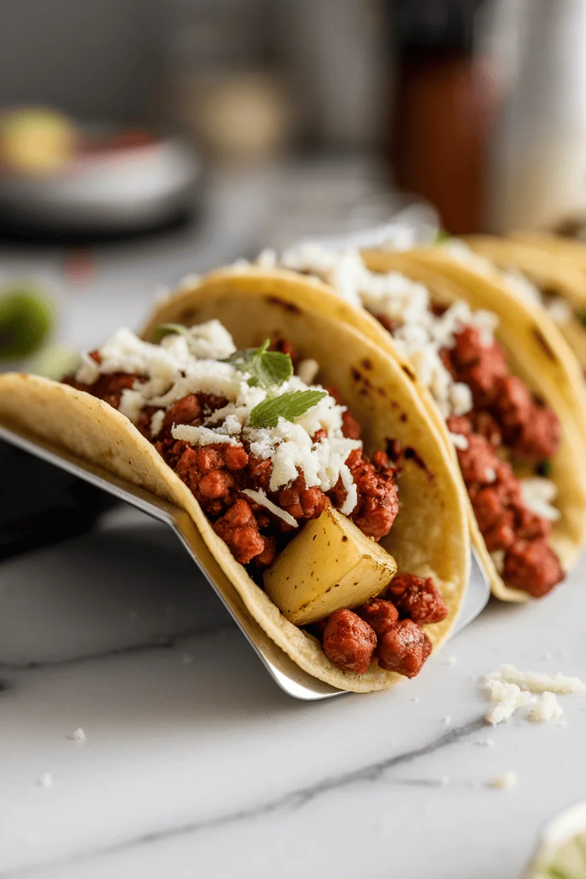 chorizo potato tacos with spicy sausage and roasted potatoes in tortillas
