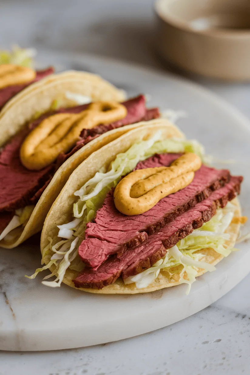 corned beef tacos with juicy beef and cabbage in soft taco shells