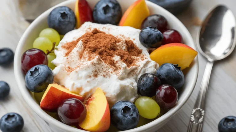 Cottage cheese fruit salad with peaches and berries in a bowl.