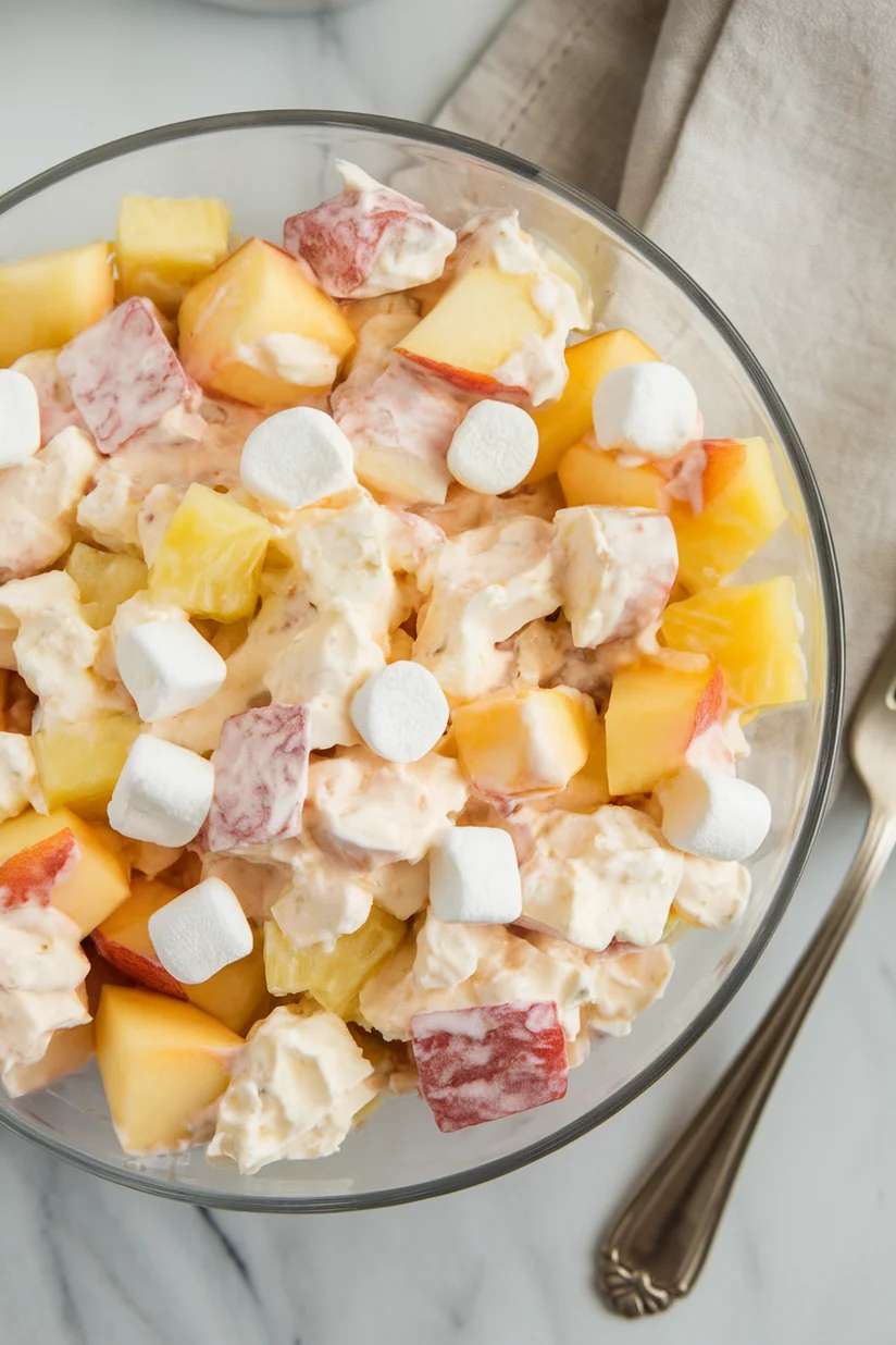 Cottage cheese fruit salad with chopped fruit and creamy base on white marble countertop.