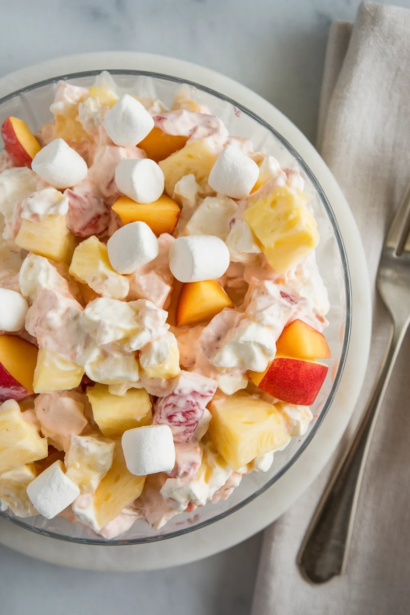 Cottage cheese fruit salad with chopped fruit and creamy base on white marble countertop.