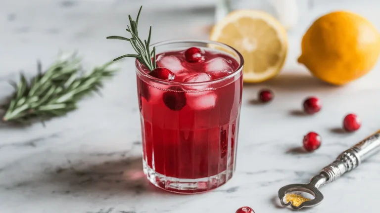 Cranberry lemonade in a short glass with ice and floating cranberries.