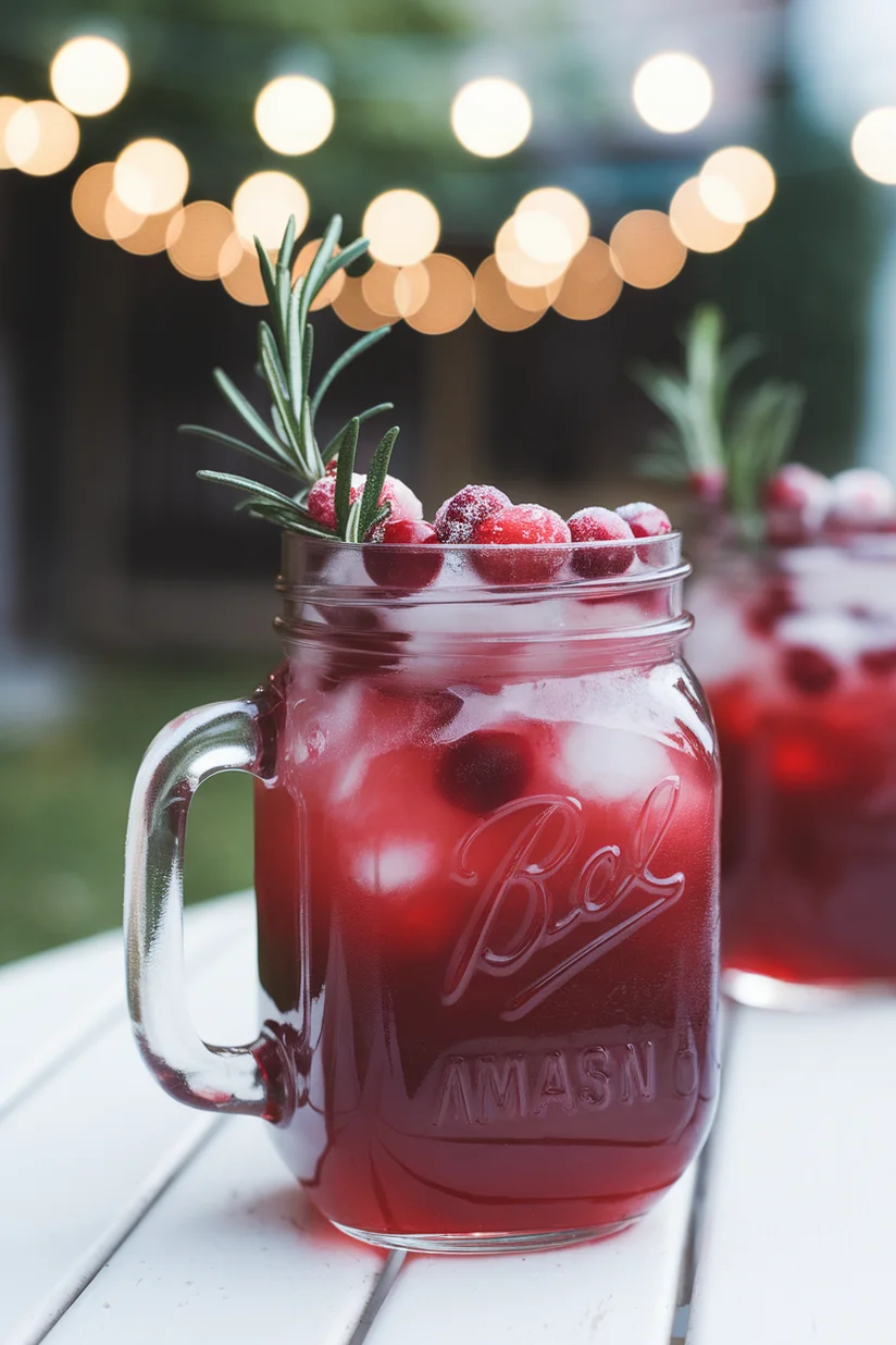 Cranberry lemonade with deep red color, sugared cranberries, and rosemary in a mason jar.