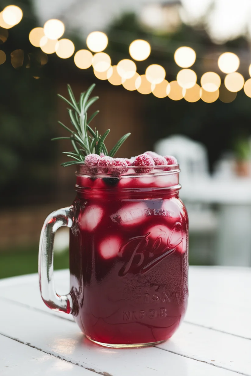 Cranberry lemonade with deep red color, sugared cranberries, and rosemary in a mason jar.