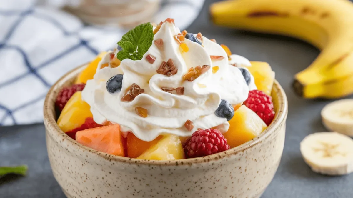 Creamy fruit salad with whipped texture and colorful fruit in a bowl.