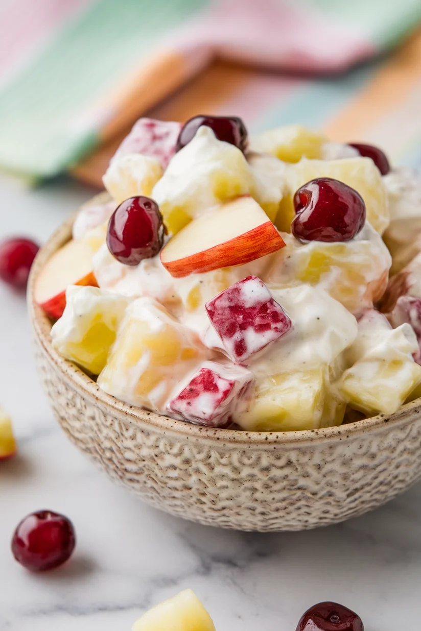 Creamy fruit salad with chopped fruit and whipped cream on white marble countertop.