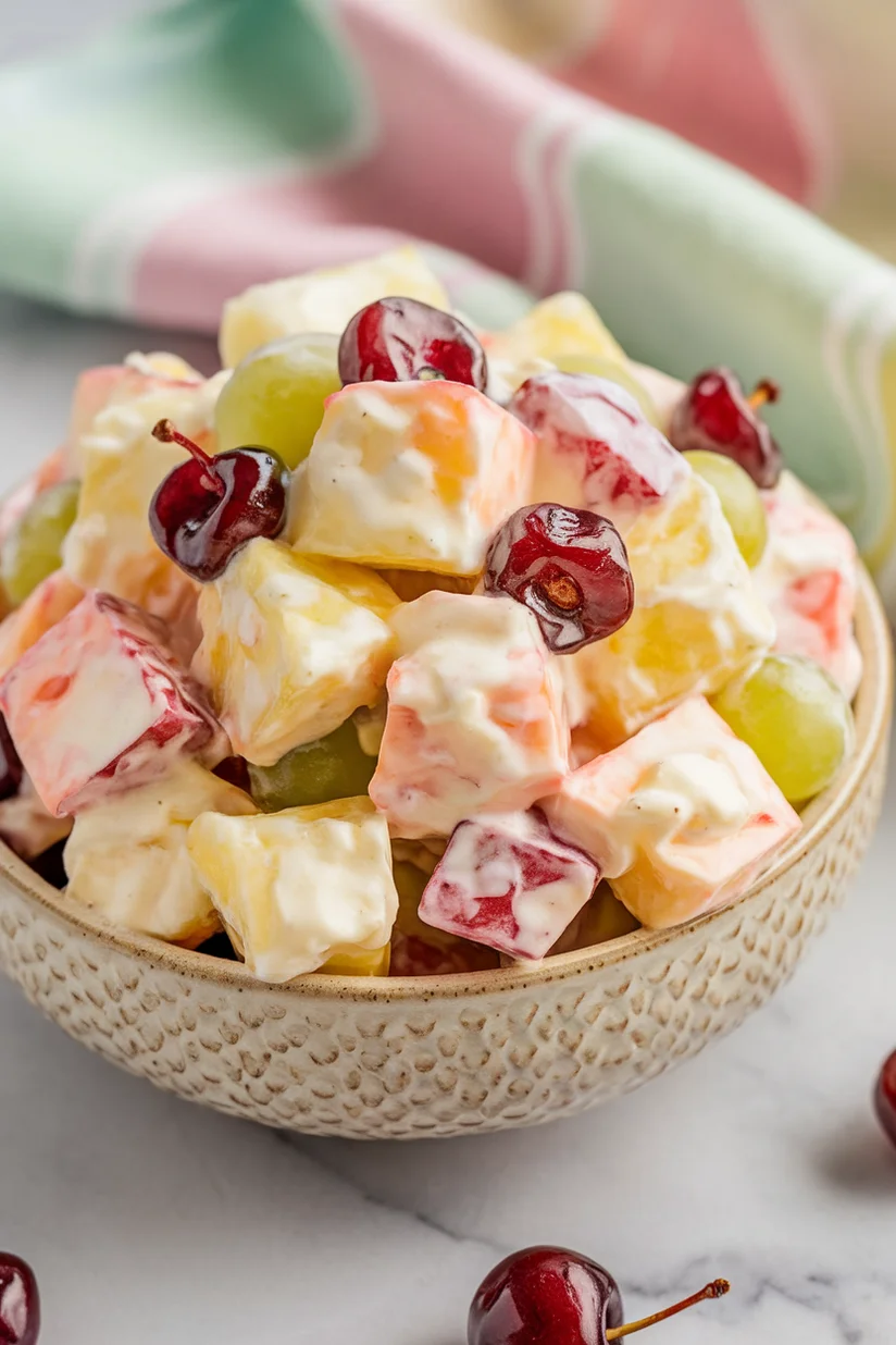 Creamy fruit salad with chopped fruit and whipped cream on white marble countertop.