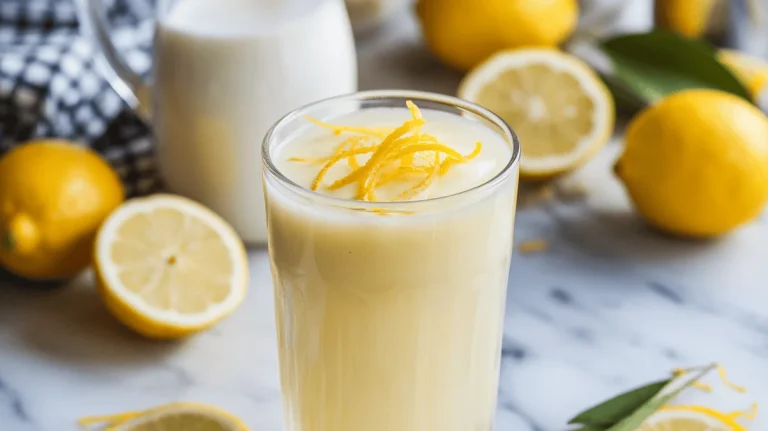 Creamy lemonade in a tall glass with pale yellow color and lemon zest topping.