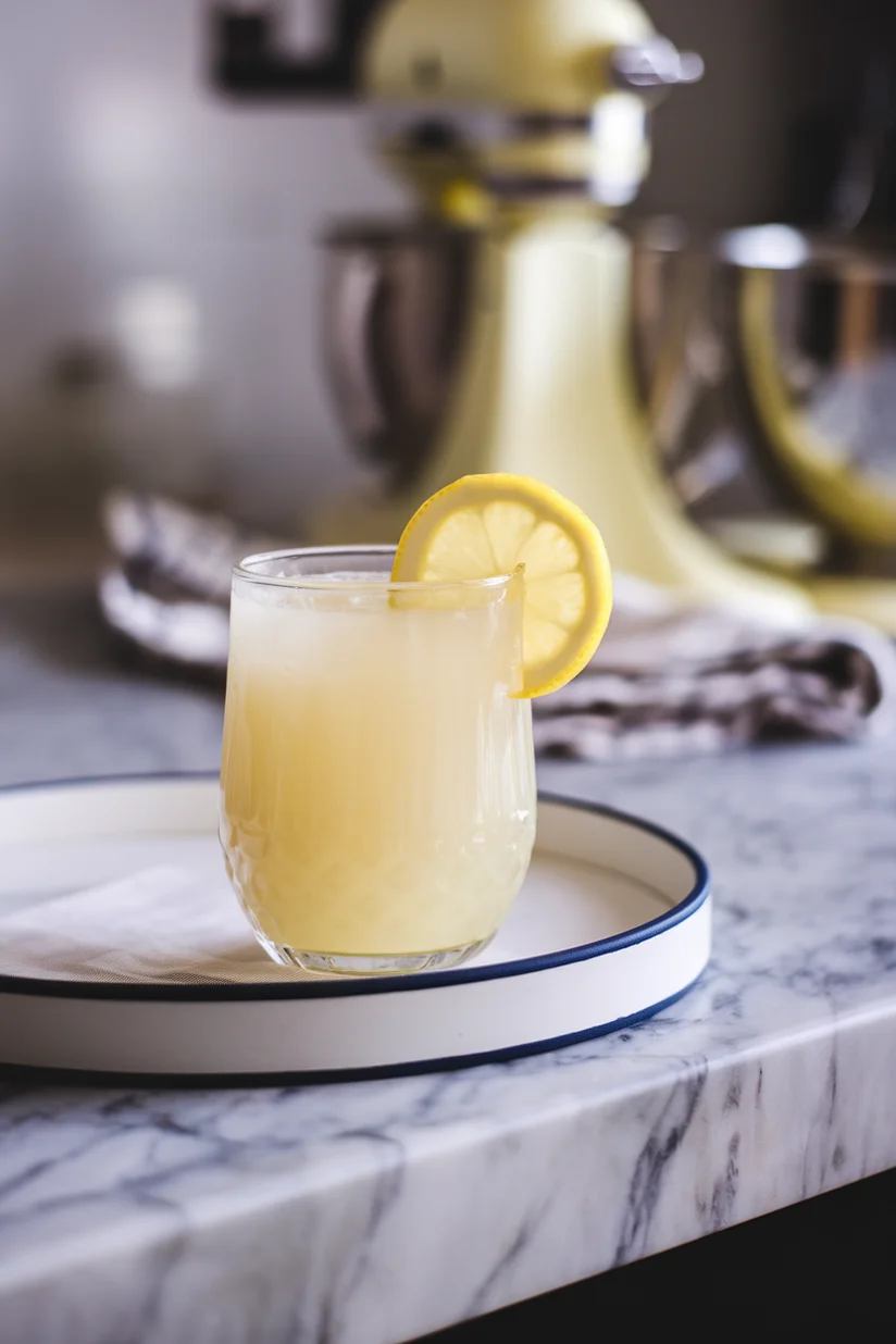 Creamy lemonade with pastel yellow color and lemon wheel served in a rounded clear glass.