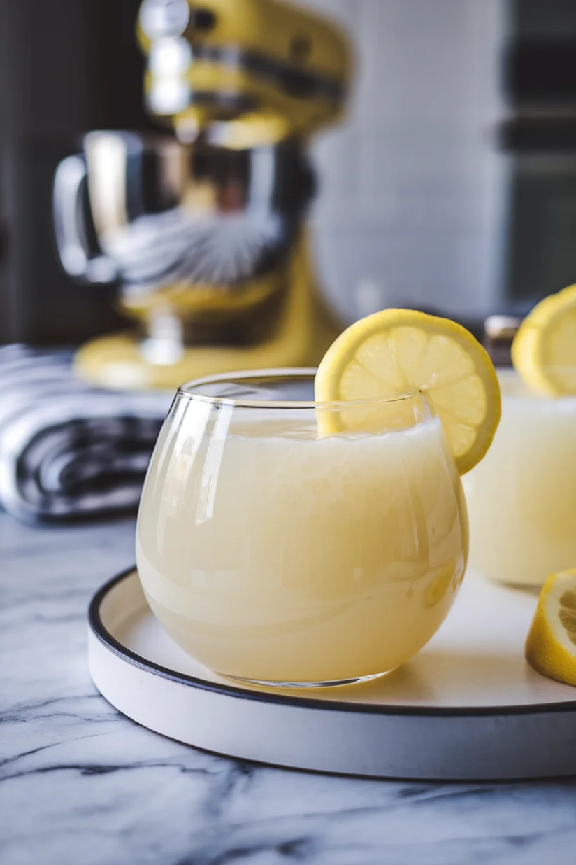 Creamy lemonade with pastel yellow color and lemon wheel served in a rounded clear glass.