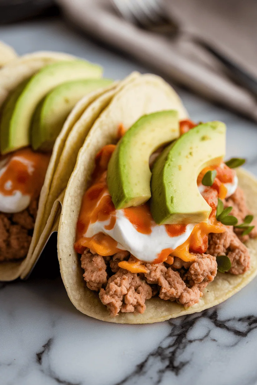 creamy tacos with sour cream blend and avocado in flour tortillas