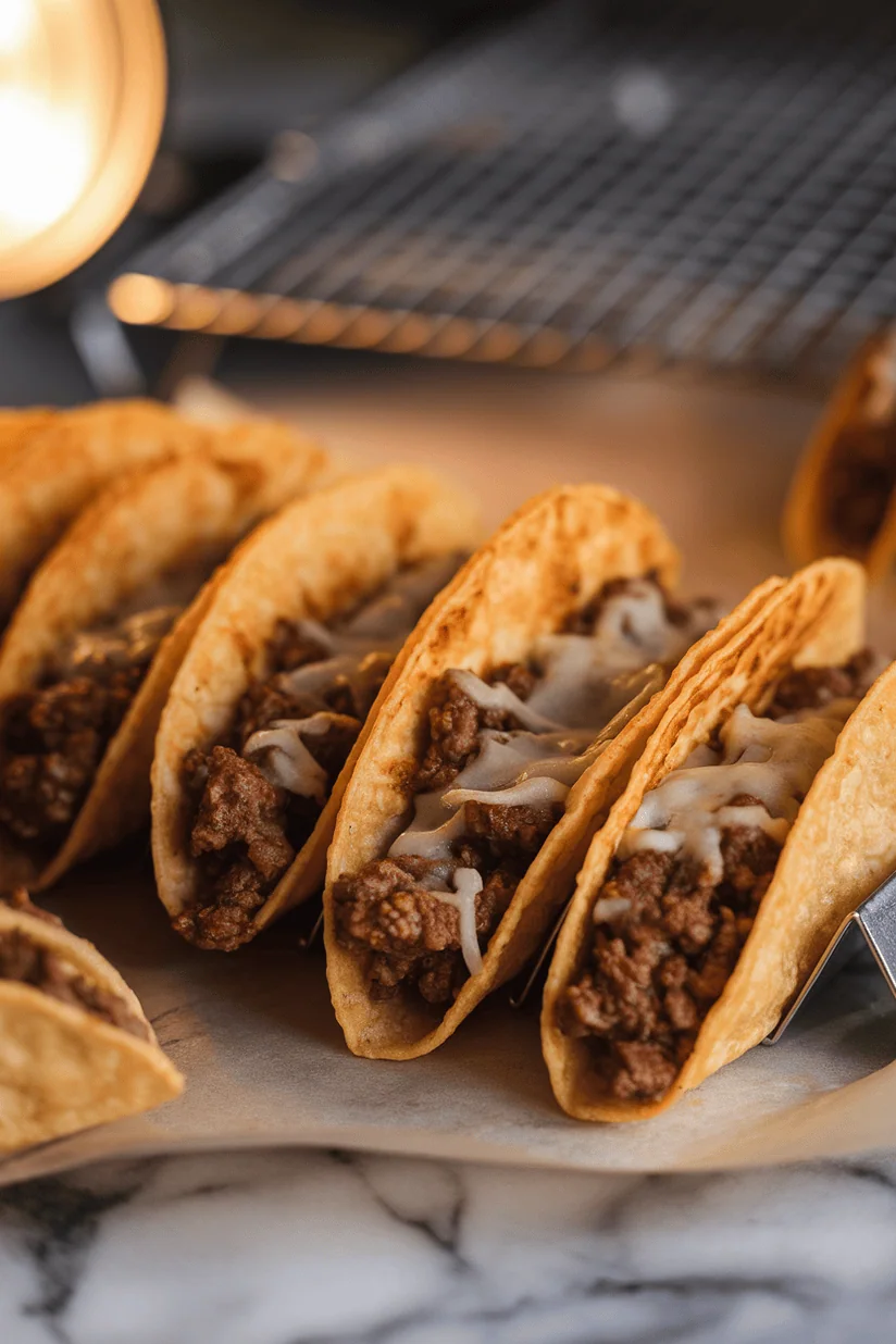 crispy baked tacos with golden shells and melted cheese on parchment