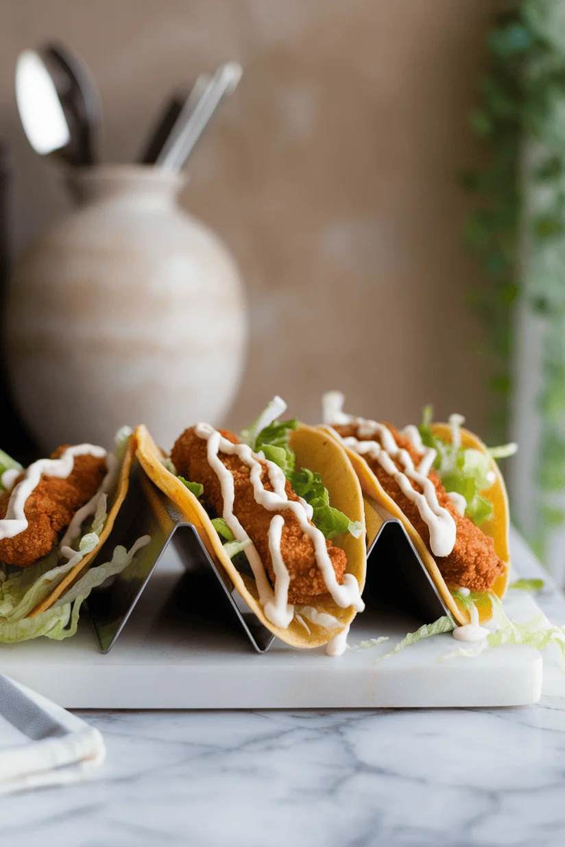 crunchy chicken tacos with crispy chicken strips and lettuce in taco shells