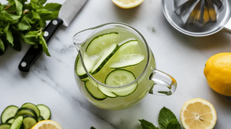 Cucumber lemonade in a glass pitcher with cucumber ribbons and lemon slices.