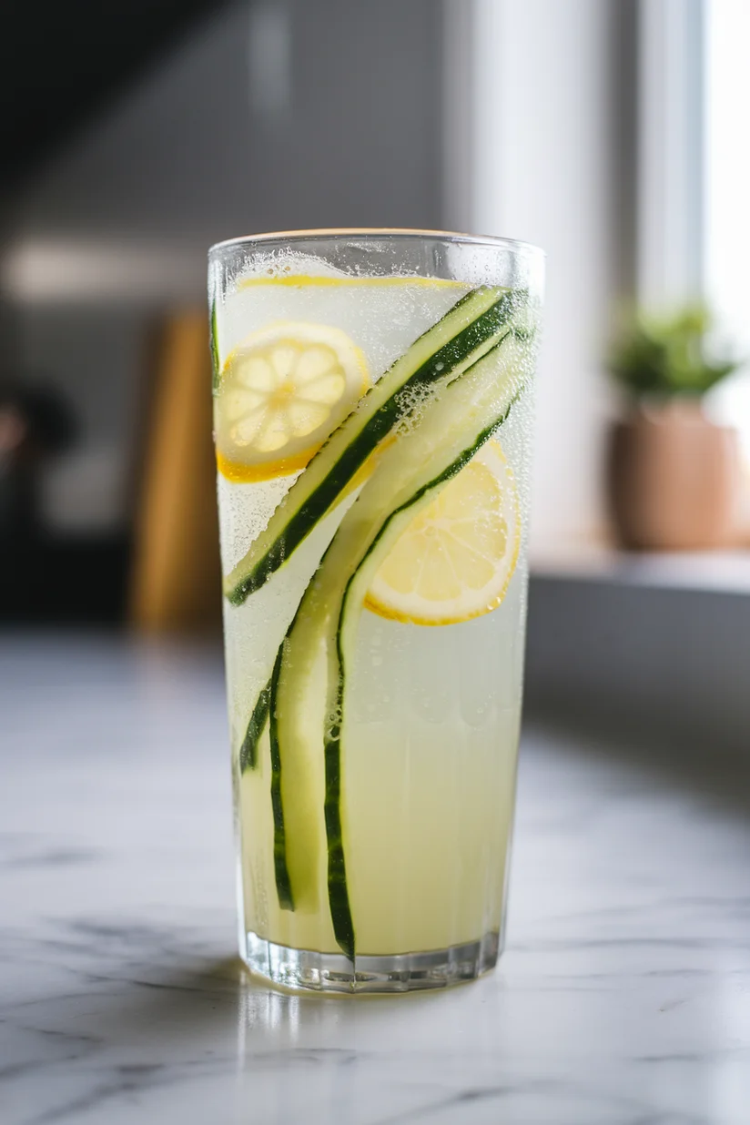 Cucumber lemonade with fresh cucumber ribbons and lemon slices in a tall glass.