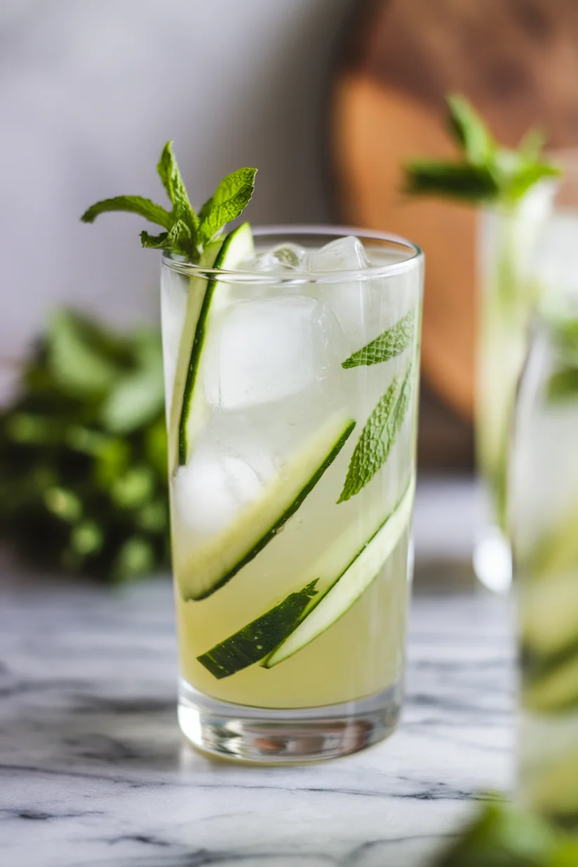 Cucumber mint lemonade with ice, cucumber slices, and mint in a clear highball glass.