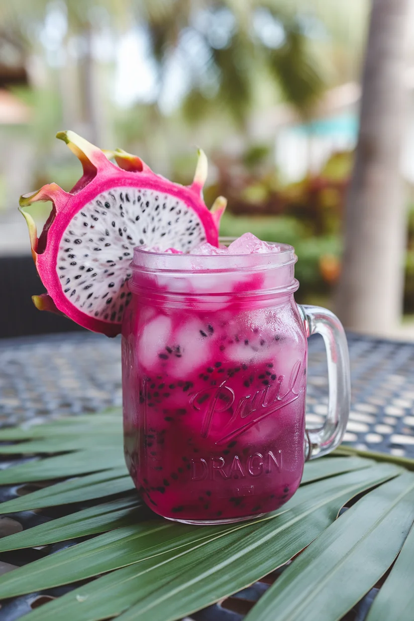 Dragon fruit lemonade with bright magenta color and dragon fruit slice in a mason jar.