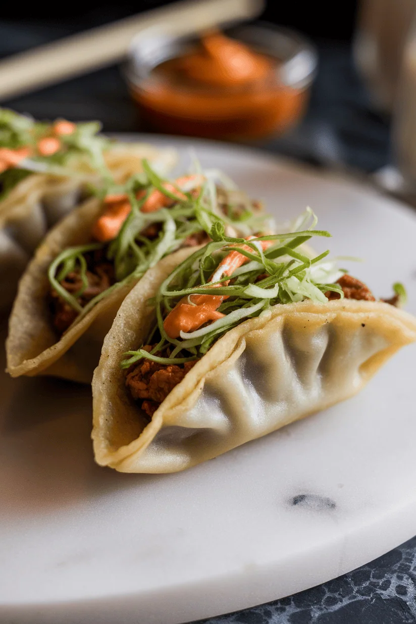 Dumpling tacos with crispy potstickers, slaw, and aioli in soft shells on marble.