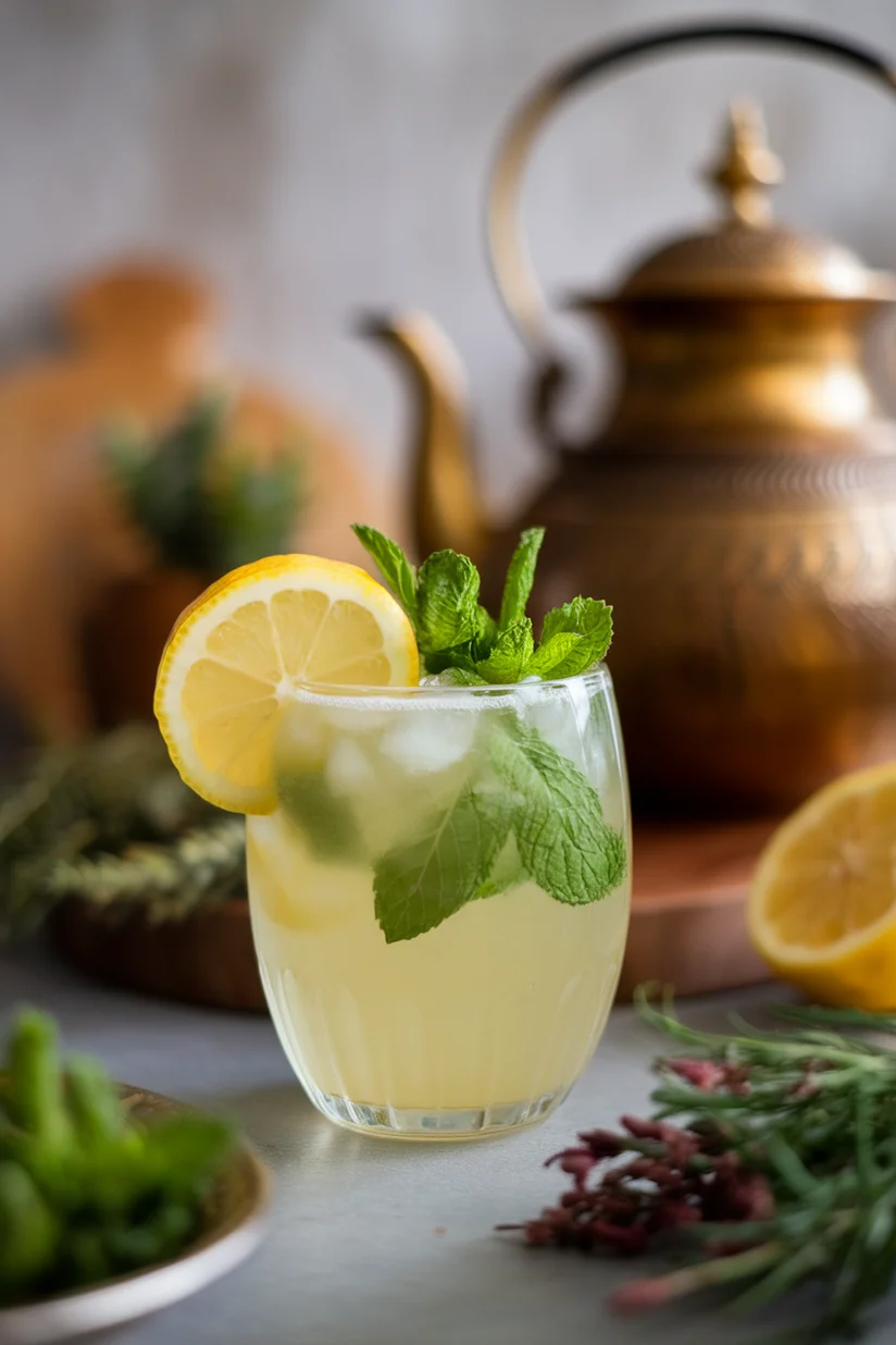 Egyptian lemonade with cloudy yellow color, mint, and lemon pulp in a short glass.
