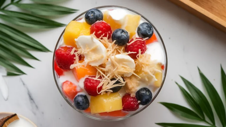 Filipino fruit salad with fruit cocktail and sweet cream on white marble countertop.