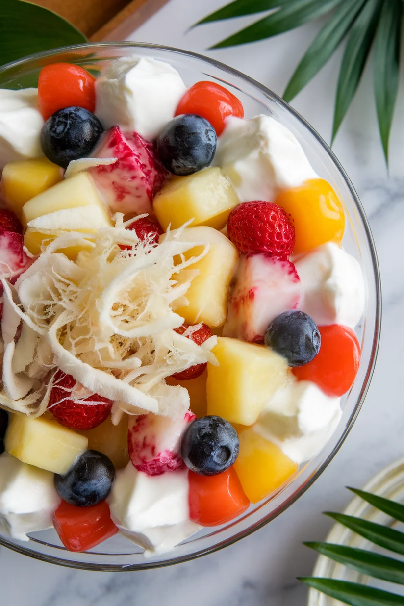 Filipino fruit salad with fruit cocktail and sweet cream on white marble countertop.