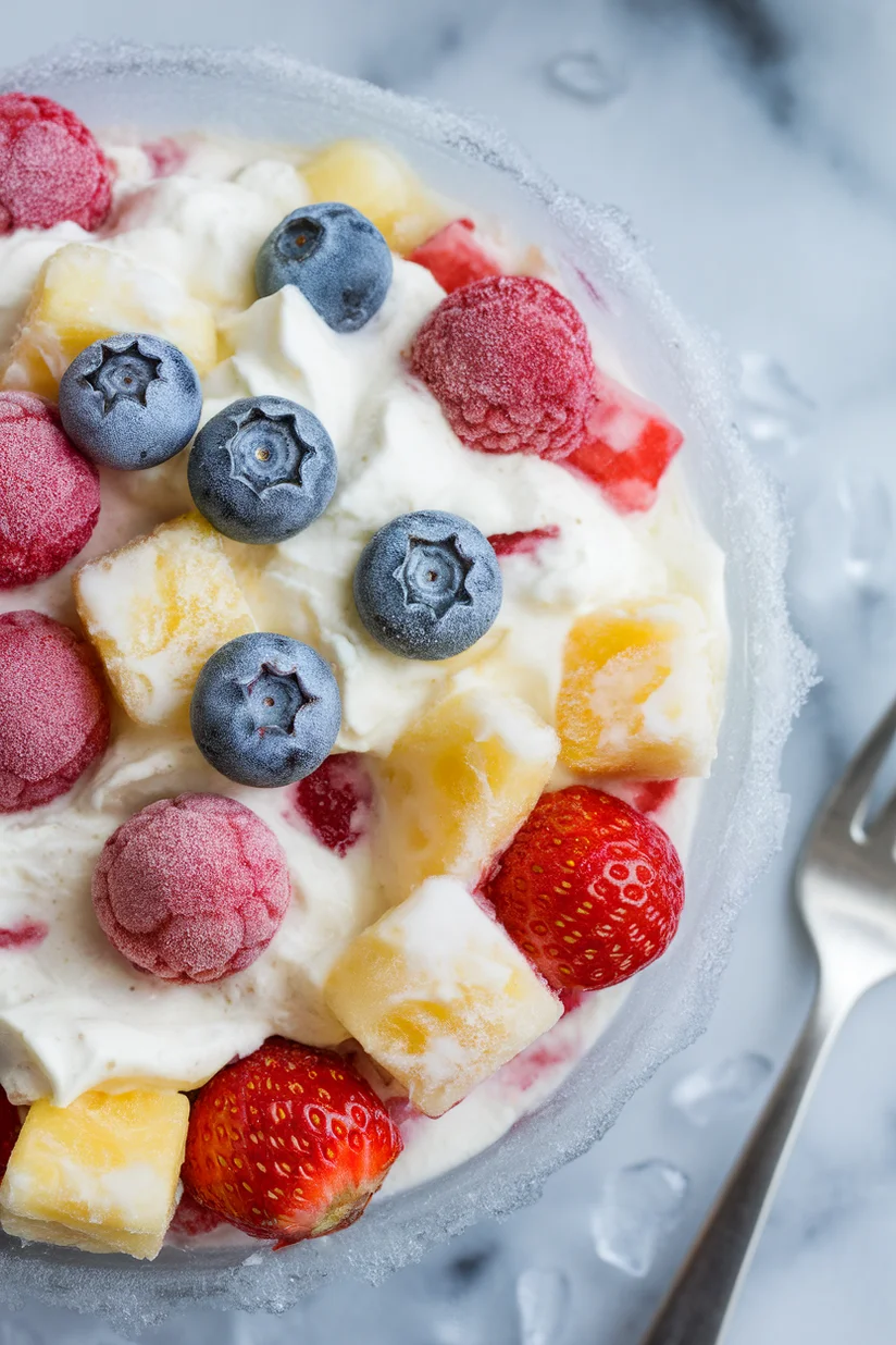 Frozen fruit salad with mixed fruit and creamy texture on white marble countertop.