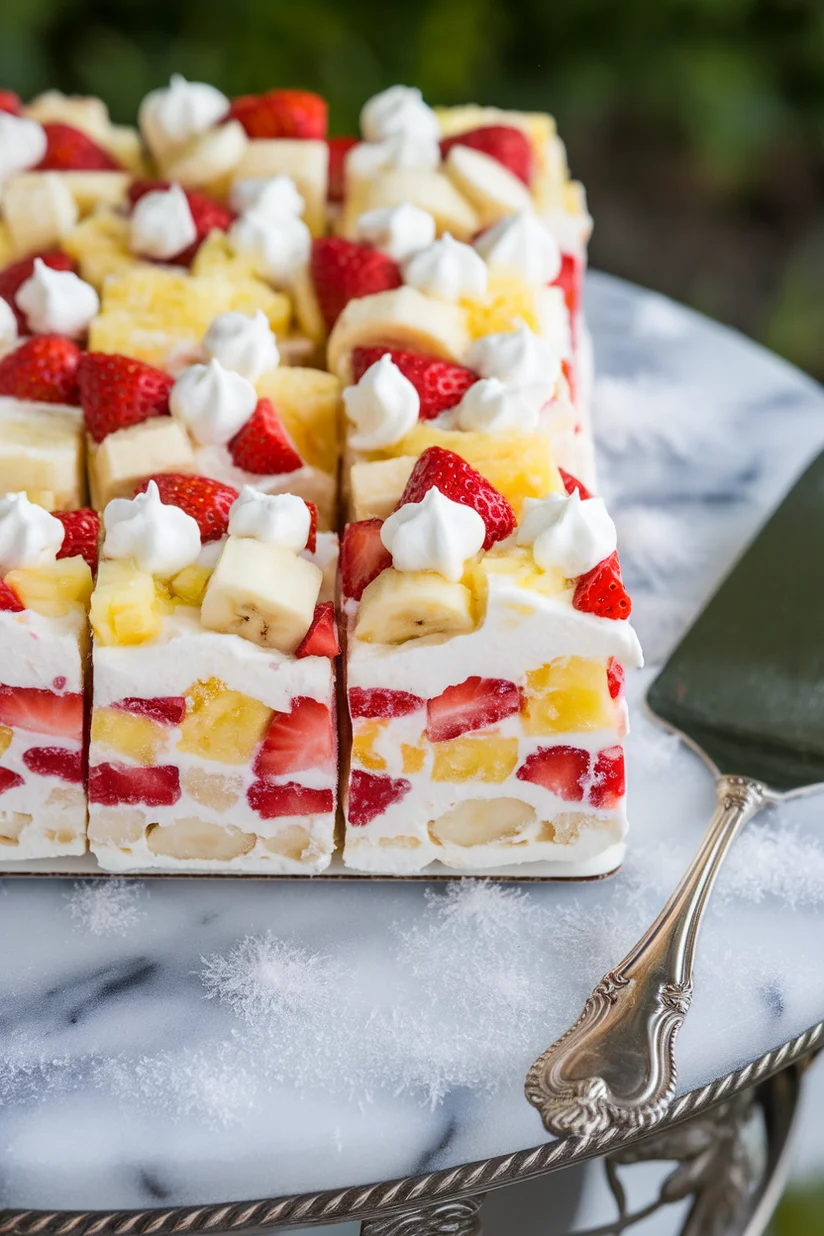 Frozen fruit salad slice with layered fruits and creamy texture on a cool marble counter.
