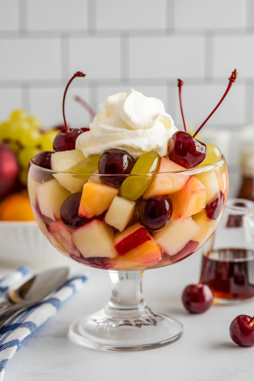Fruit cocktail salad with syrupy mixed fruit in a glass bowl on a marble counter.