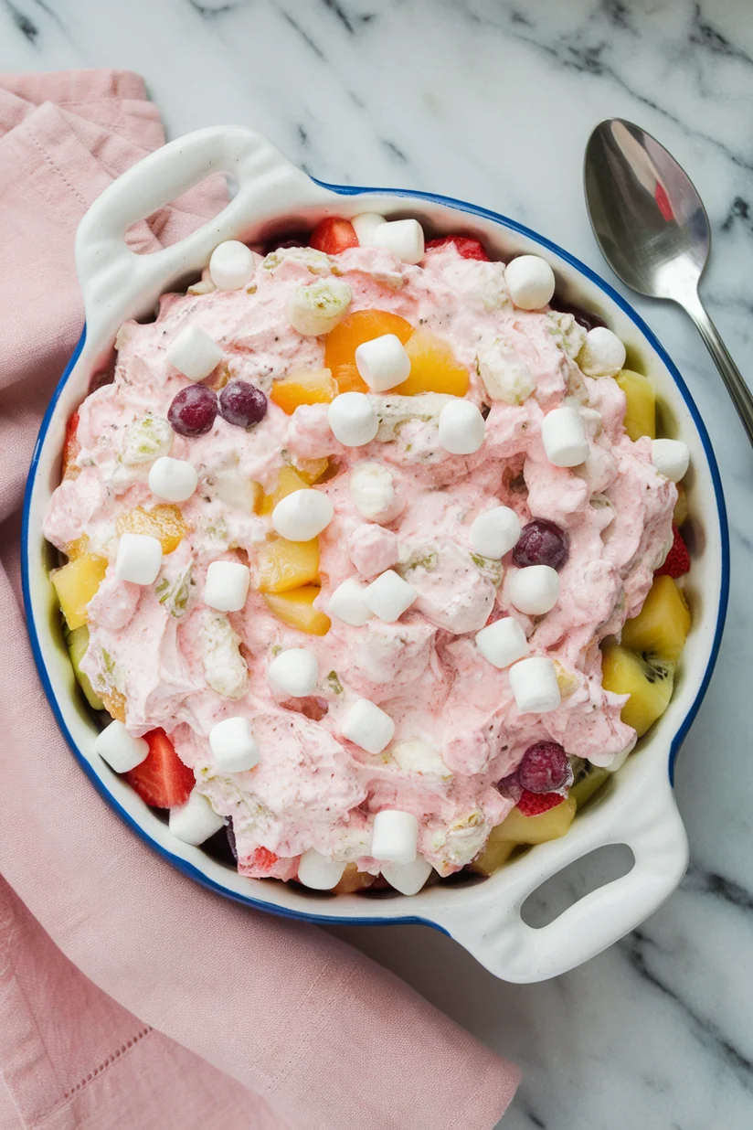 Fruit fluff salad with creamy pink mix of fruit and marshmallows in a white dish.