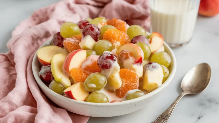 Fruit salad with condensed milk and mixed chopped fruit on white marble countertop.