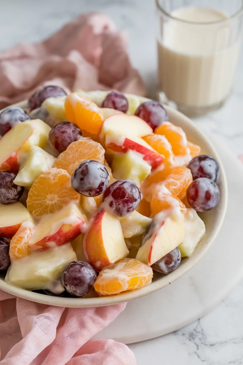 Fruit salad with condensed milk and mixed chopped fruit on white marble countertop.