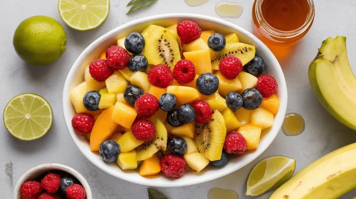Glazed fruit salad with honey lime dressing in a white bowl.