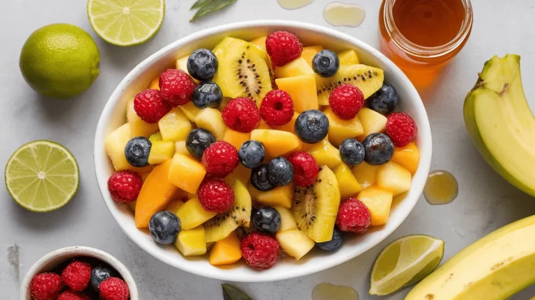 Glazed fruit salad with honey lime dressing in a white bowl.
