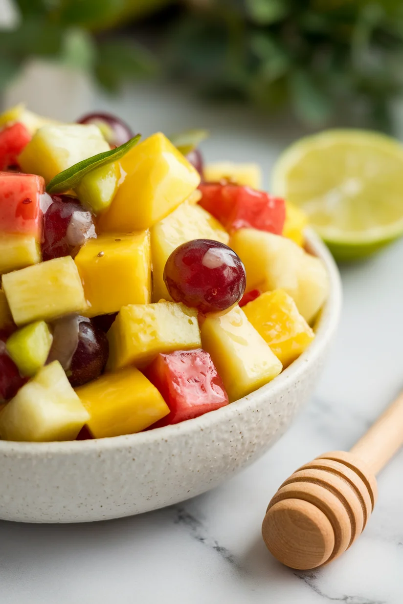 Fruit salad with honey lime dressing and mixed chopped fruit on white marble countertop.
