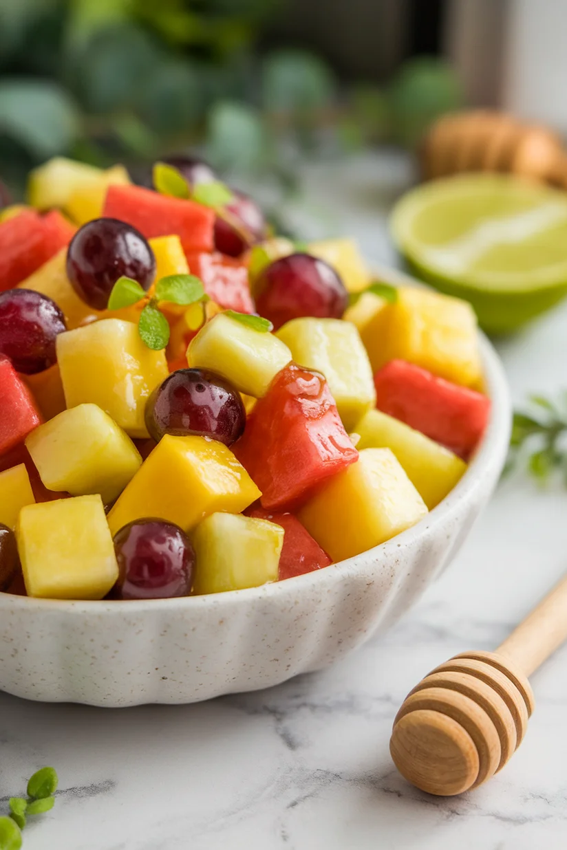 Fruit salad with honey lime dressing and mixed chopped fruit on white marble countertop.
