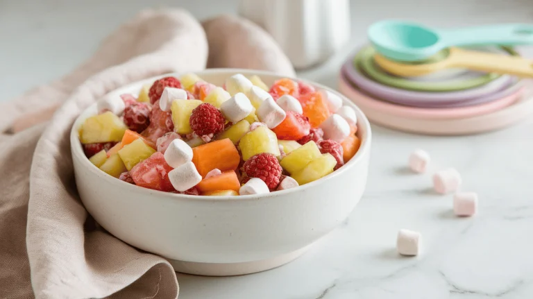 Colorful fruit salad with marshmallows in a white bowl on a marble counter.