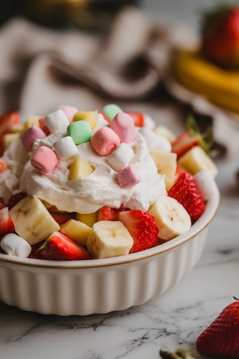 Fruit salad with marshmallows, chopped fruits, and whipped topping in a white bowl.