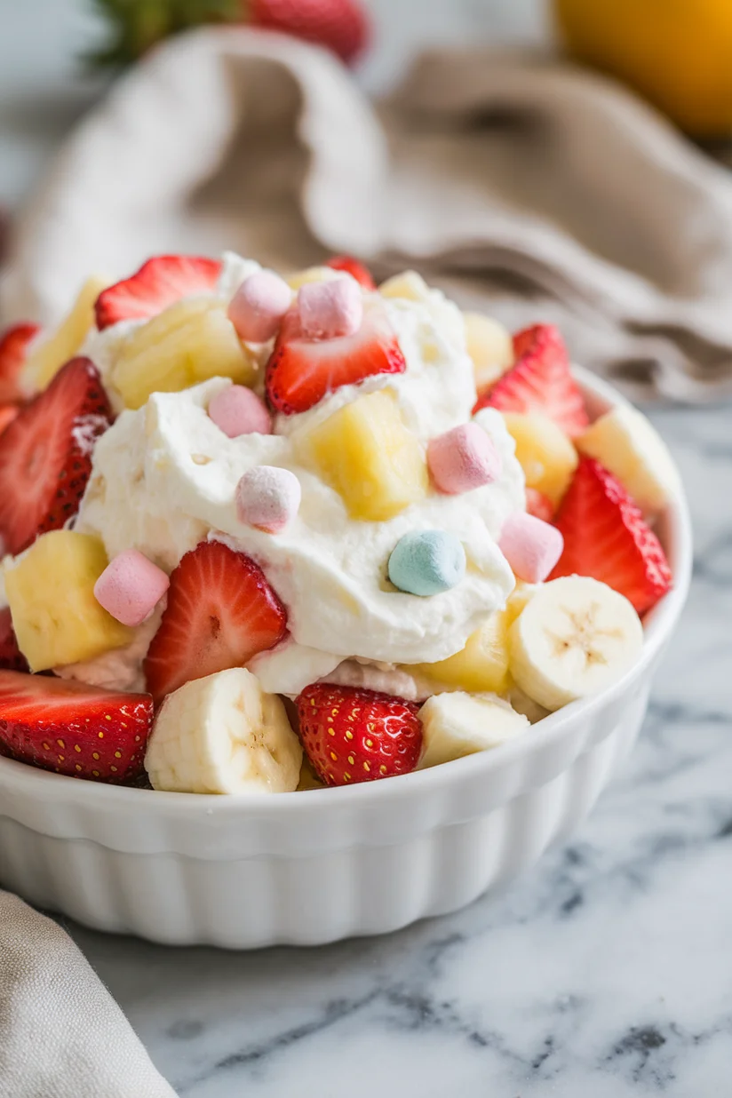 Fruit salad with marshmallows, chopped fruits, and whipped topping in a white bowl.
