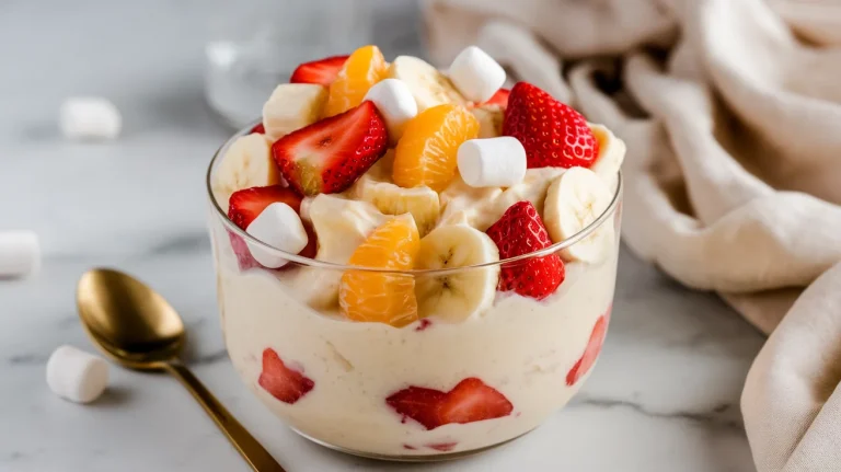 Fruit salad with pudding featuring chopped fruit and vanilla pudding on white marble countertop.