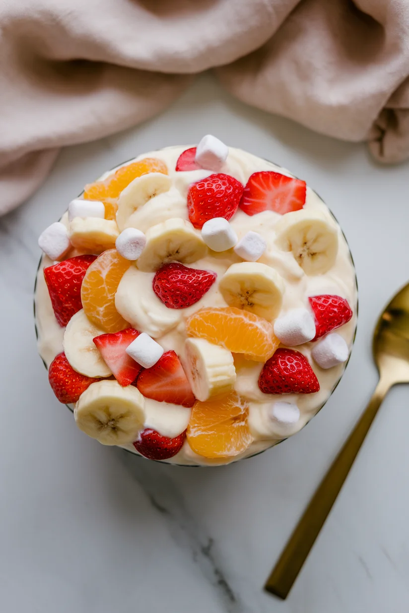 Fruit salad with pudding featuring chopped fruit and vanilla pudding on white marble countertop.