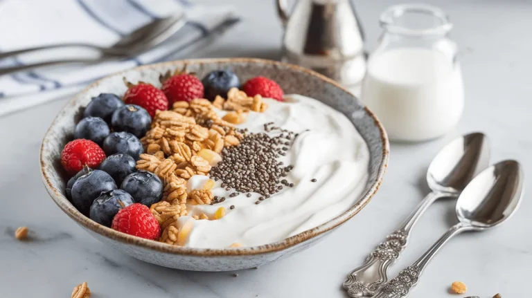 Fruit salad with yogurt dressing and granola on top in a shallow bowl.